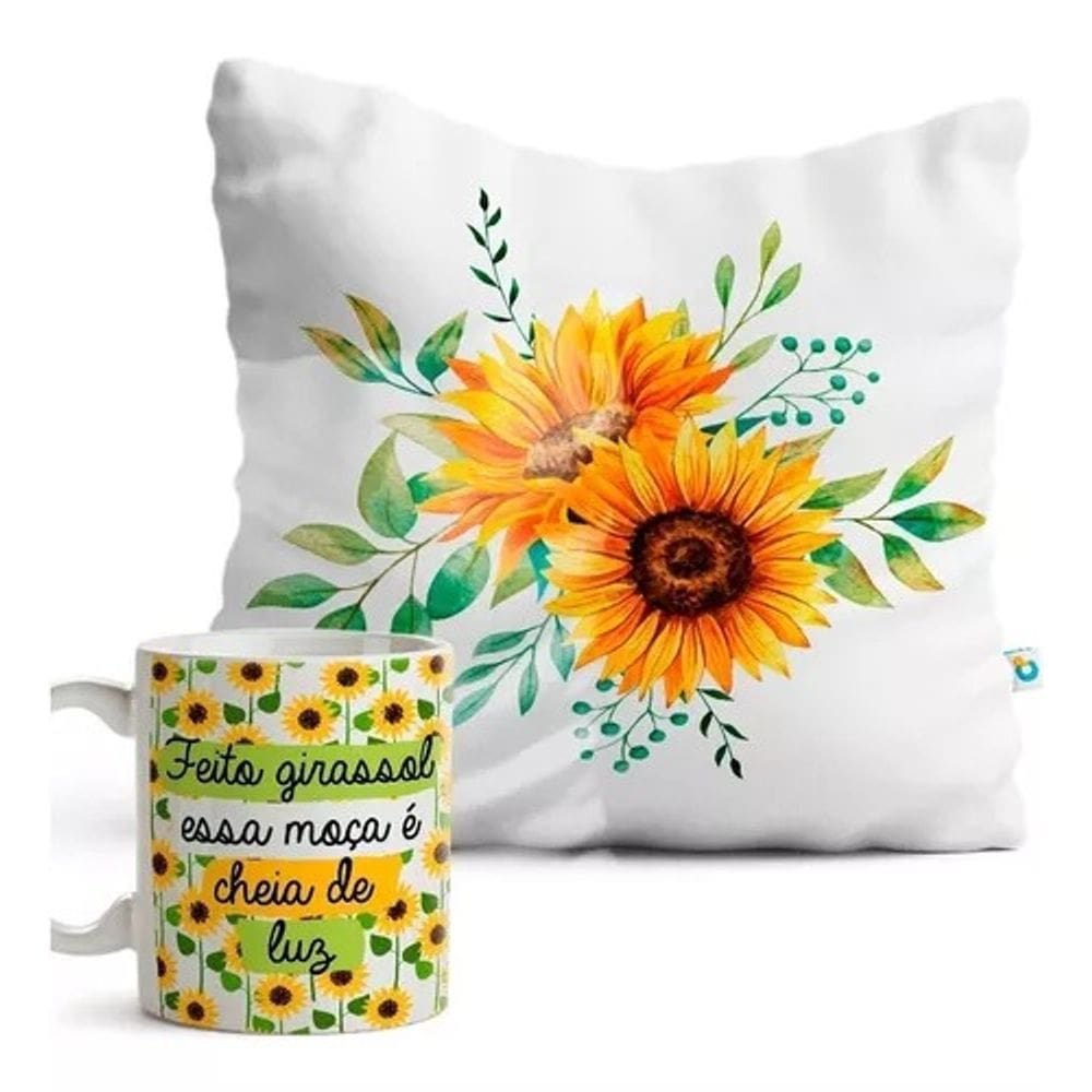 Kit Caneca E Almofada Girassol Feito Girassol