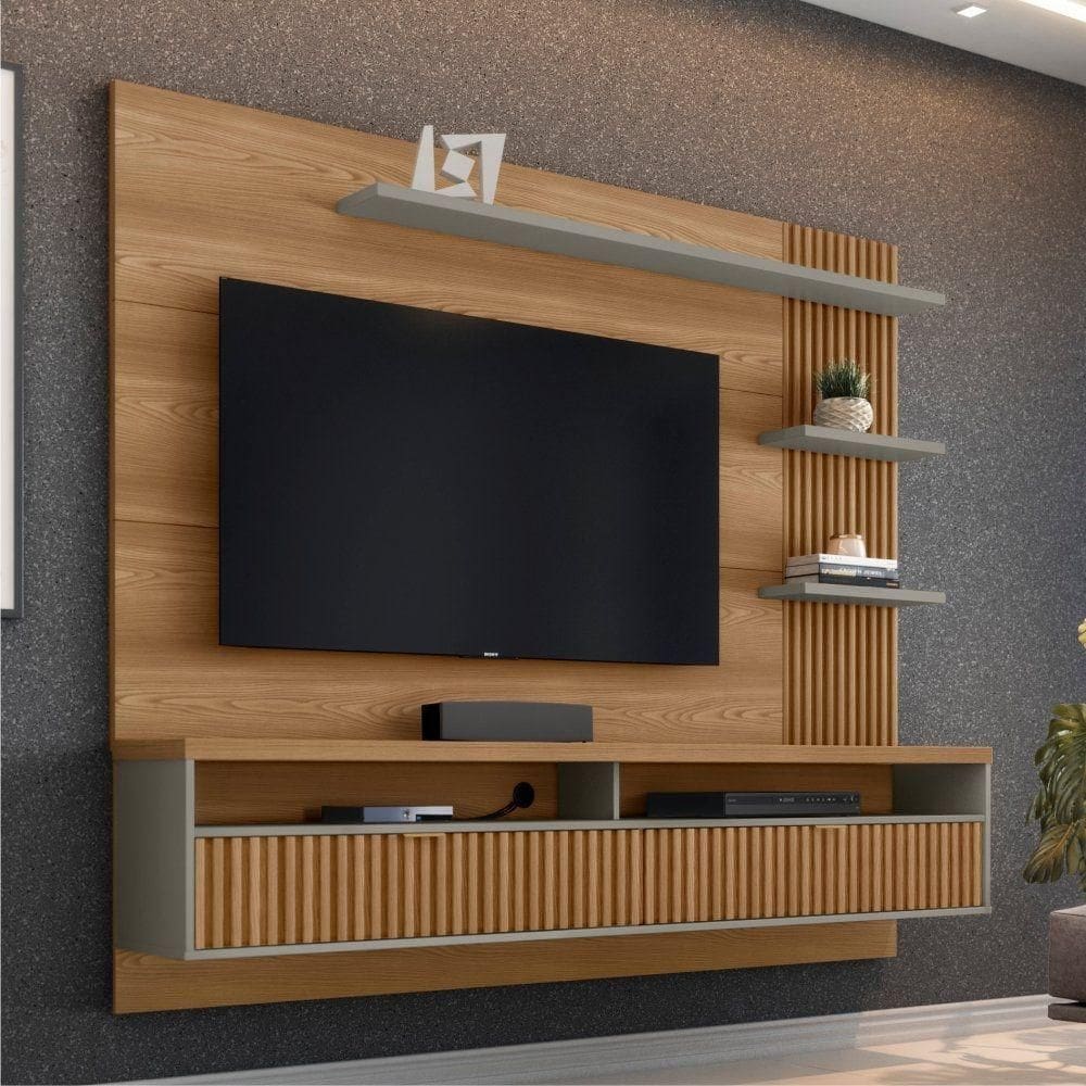Painel Para Tv Bárbara Com Ripas Amêndoa Titânio