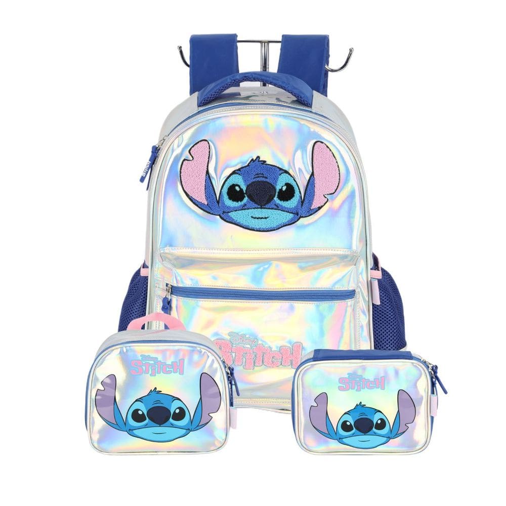 Kit Mochila Costas Holográfica Stitch Lancheira e Estojo Box