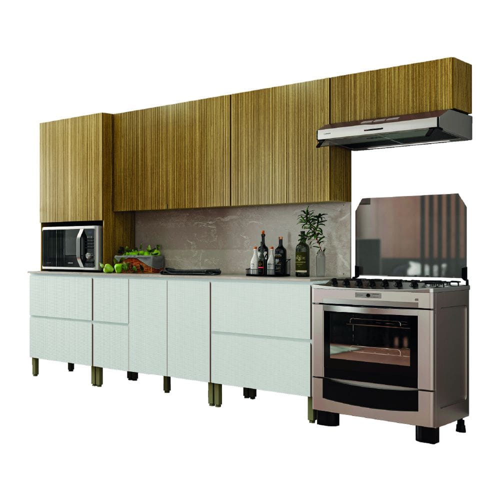 Armário De Cozinha Completa Com Balcão Art Kit?s Paraná 12 Portas 4 Gavetas Madeirado / Branco