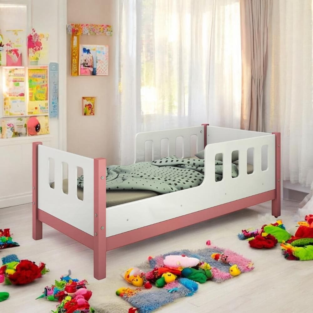 Cama Juvenil com Proteção Encanto Branca e Rosa com Colchão