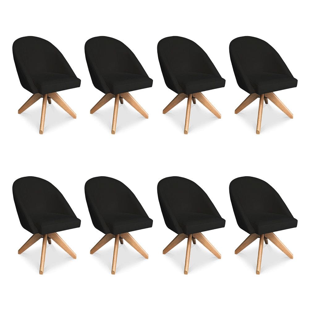Kit 08 Poltronas Cadeira Giratória Bela Suede Preto Base de Madeira - Pallazio