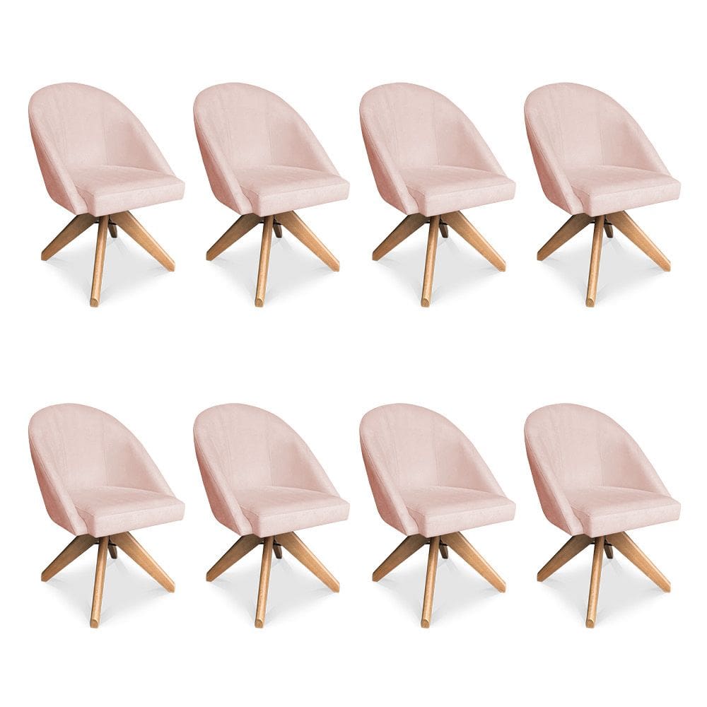 Kit 08 Poltronas Cadeira Giratória Bela Suede Rosa Bebê Base de Madeira - Pallazio