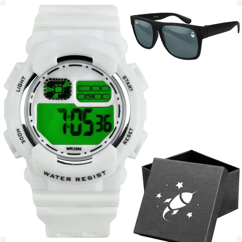 Relogio Menino Branco Infantil Digital + Oculos Sol + Caixa Data Presente Qualidade Premium Criança