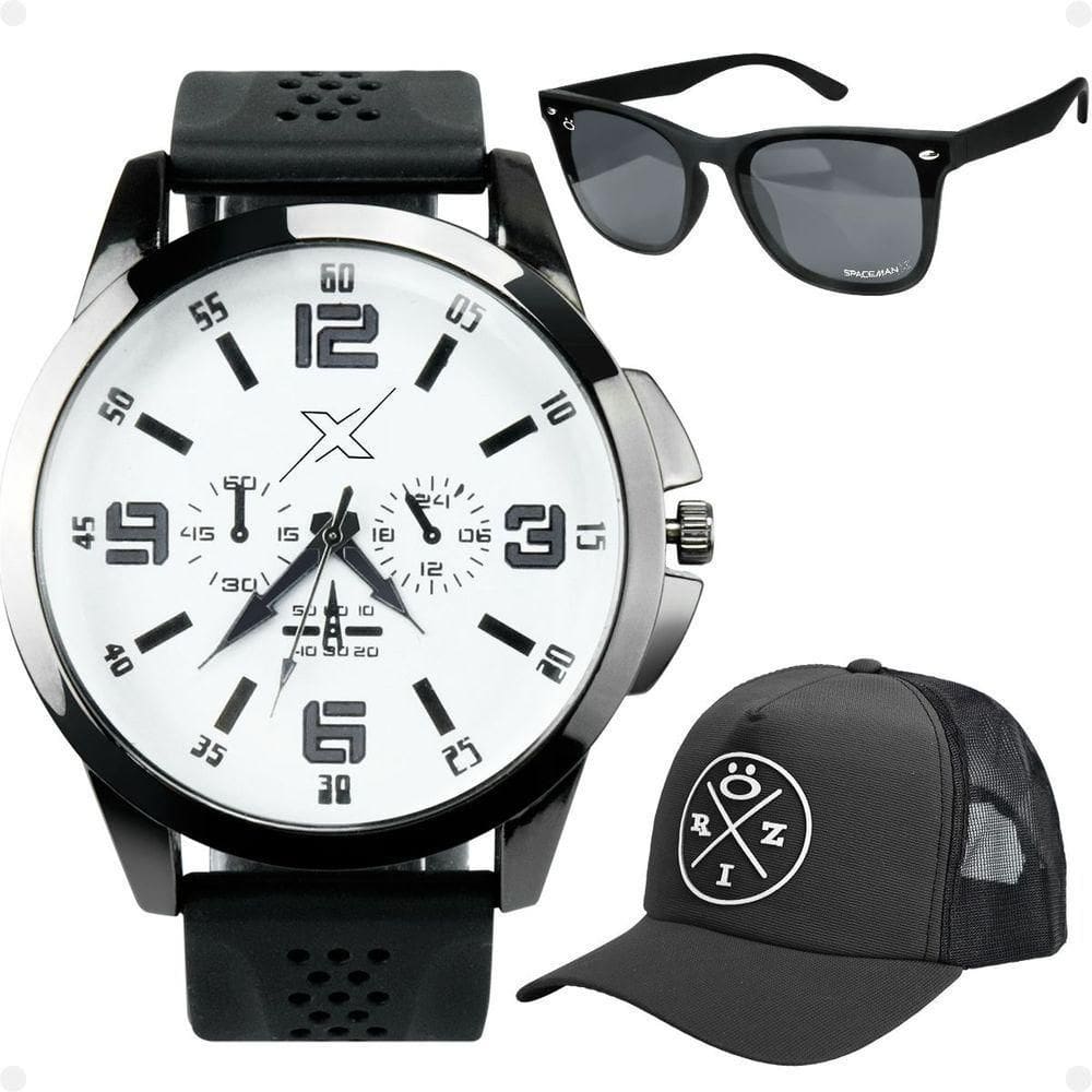 Relogio Masculino Aço Inoxidável + Oculos Uv Proteção + Boné Analogico Presente Ajustavel Ponteiro