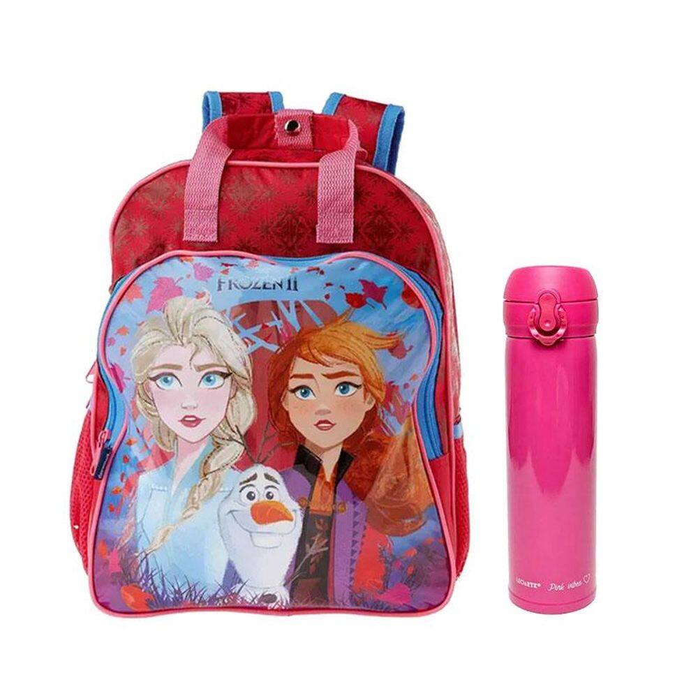 Kit Mochila Escolar Infantil Frozen 37389 e Garrafa de Água Térmica Pink Vibes 340ml Rosa - Dermiwil