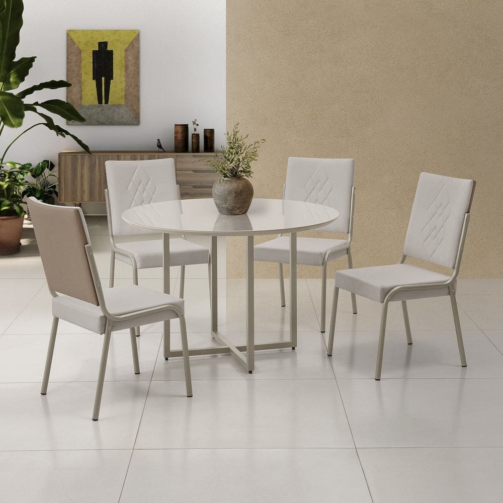 Conjunto Sala de Jantar Mesa em Mdf com Vidro com 4 Cadeiras Moscou Champagne/Marrom/Off White