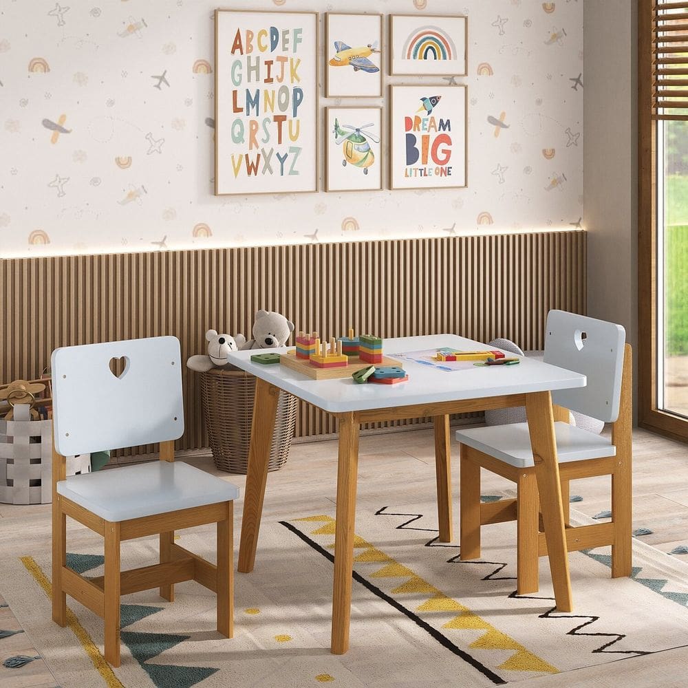 Conjunto Infantil Sofia Mesa + 2 Cadeiras Madeira de Pinus Azul/Mel