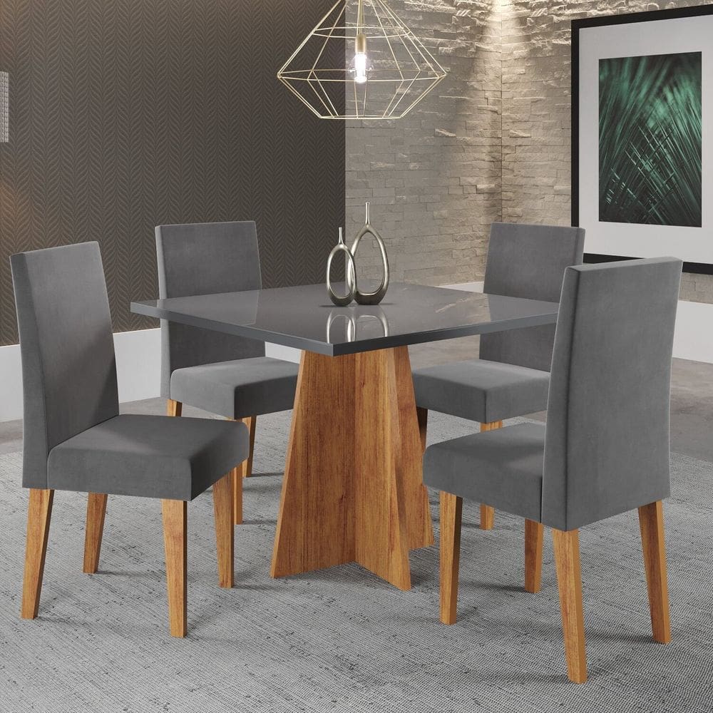 Mesa de Jantar Quadrada Columbia com Tampo em Mdp 90x90 sem Vidro e 4 Cadeiras Venus em Mdp/mdf Mel/Cinza/Grafite