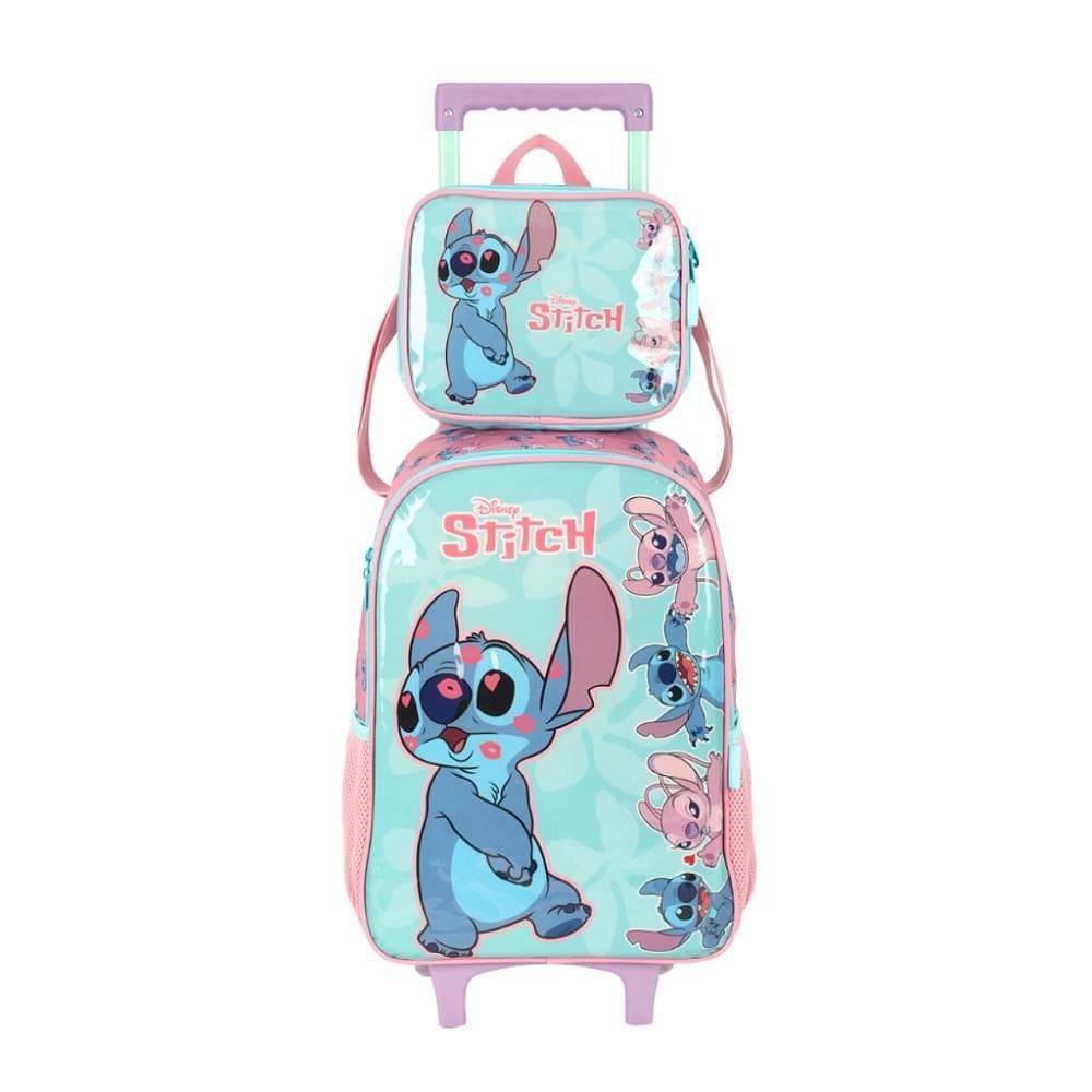 Kit Mochila de Rodinhas Lancheira Luxcel Stitch Verde