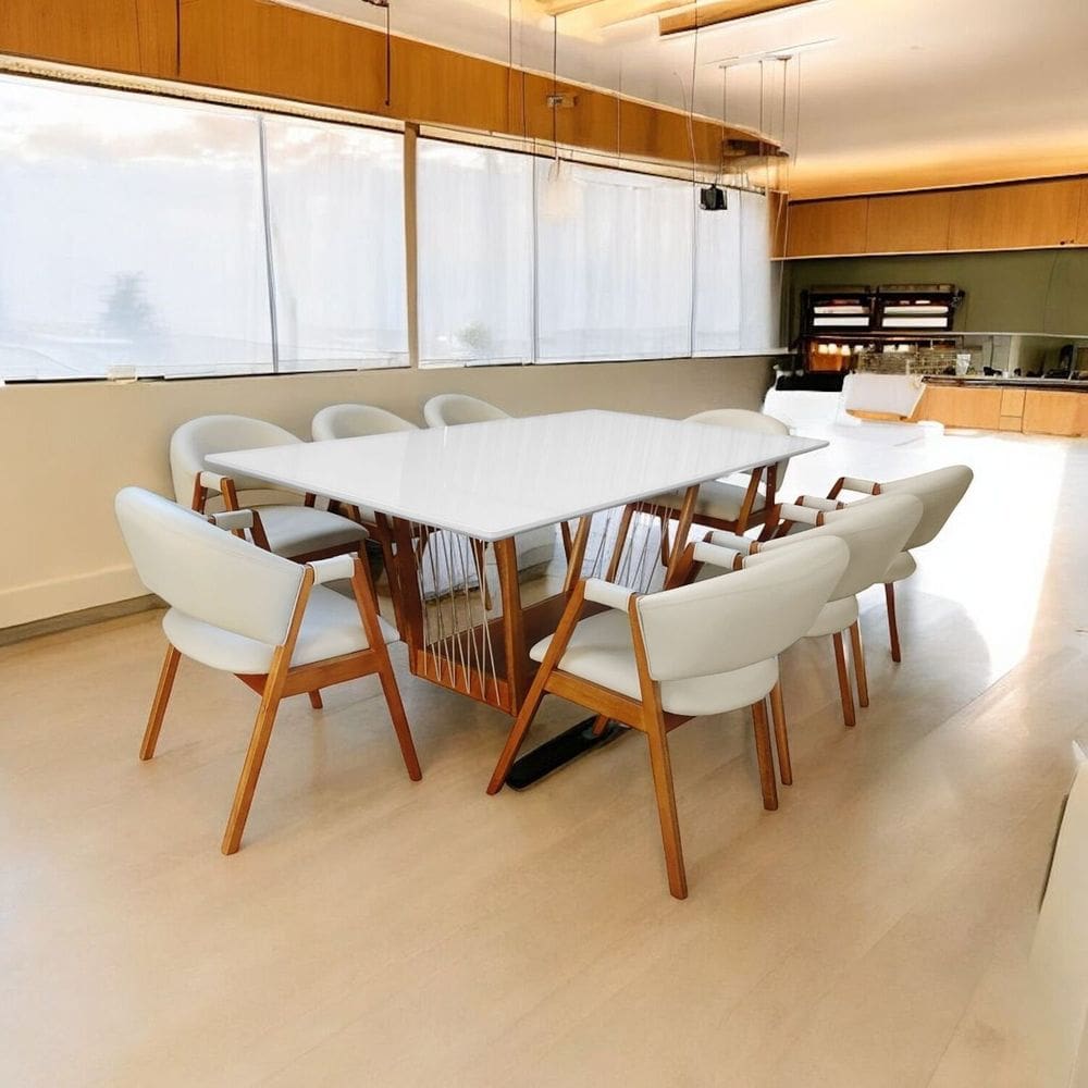 Sala de Jantar Olivia base+tampo 2,20x1,10, com 8 Cadeiras Olivia Verniz Nogueira Branco