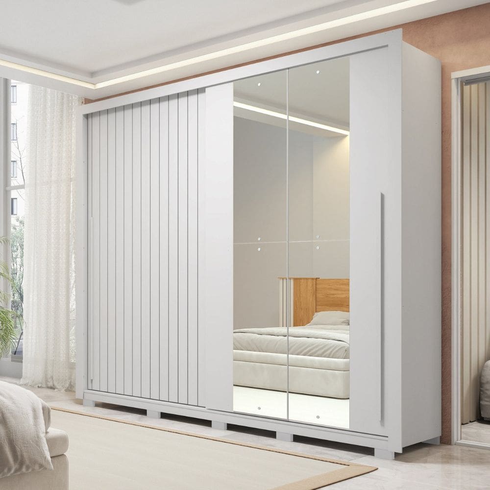 Guarda-roupa Casal Ripado com Espelhos 2 Portas e 4 Gavetas Suburban Branco