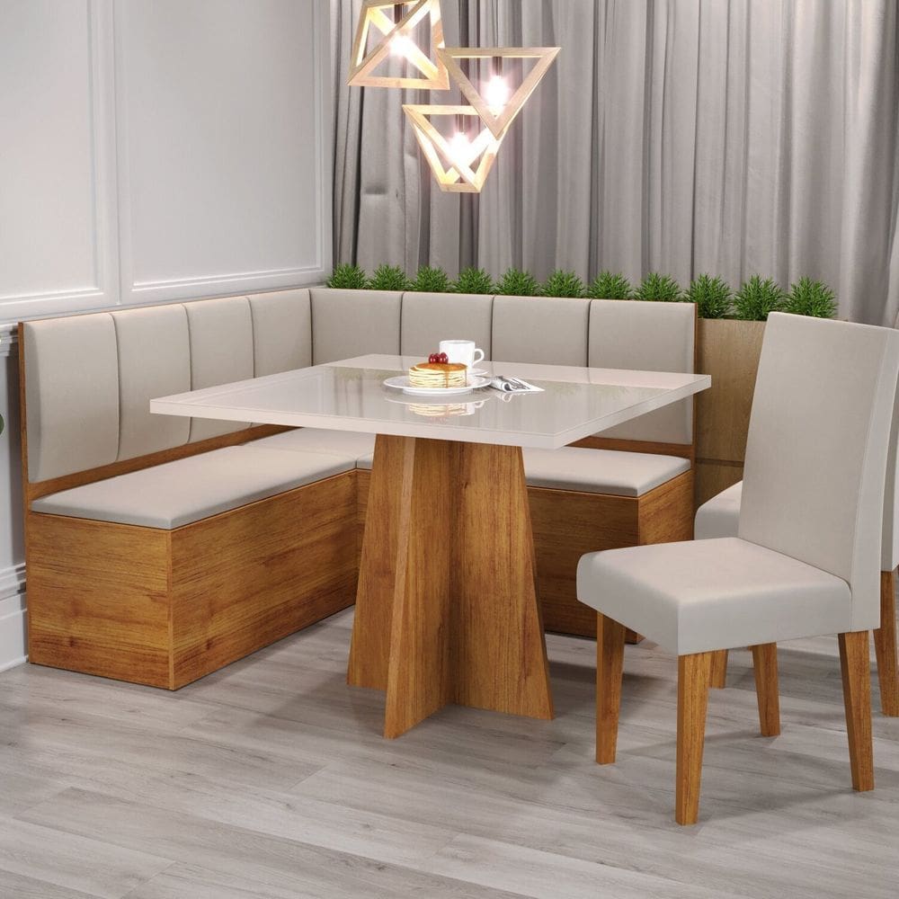 Conjunto Canto Alemão com Baú Trento Mesa Quadrada com Vidro 90x90 e 2 Cadeira Venus em Mdp/mdf Mel/Marfim/Off White