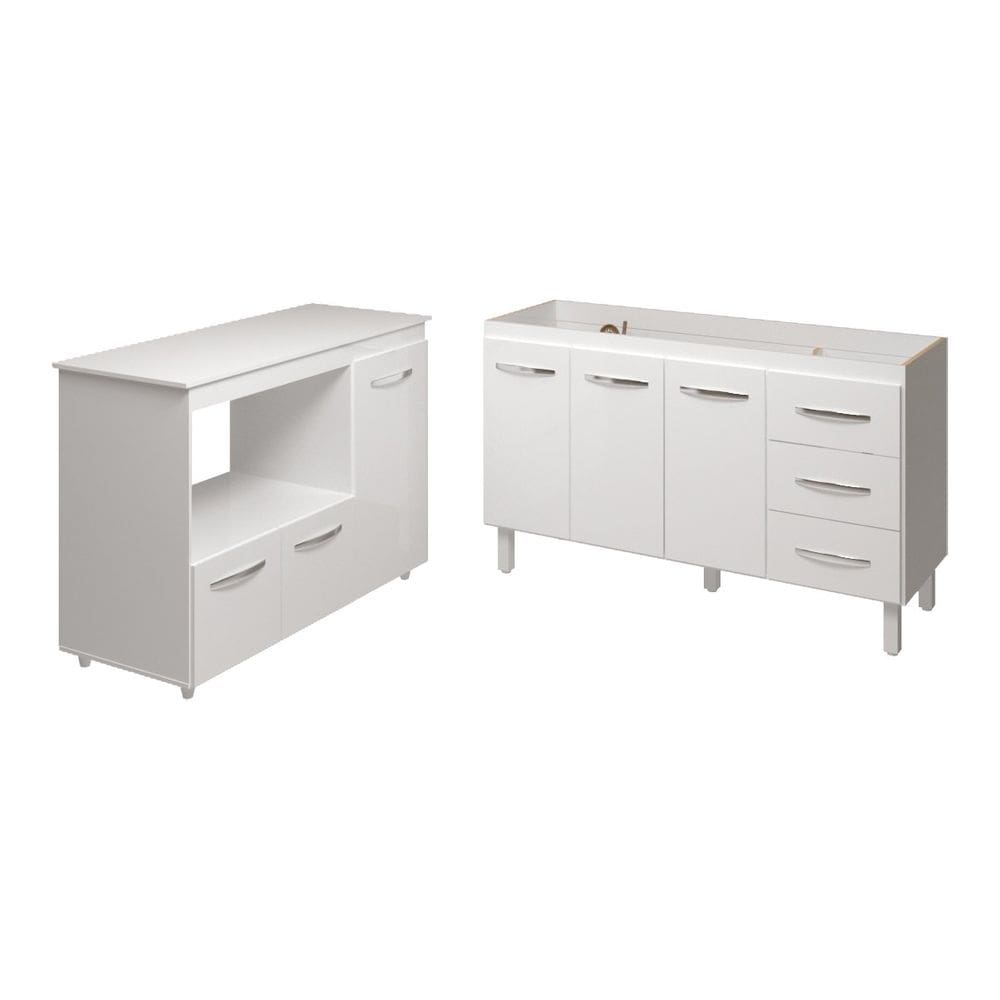 Balcão Armário Cozinha Carine Gabinete de Pia 140 cm e Balcão Lilian para Forno Elétrico e Microondas Branco