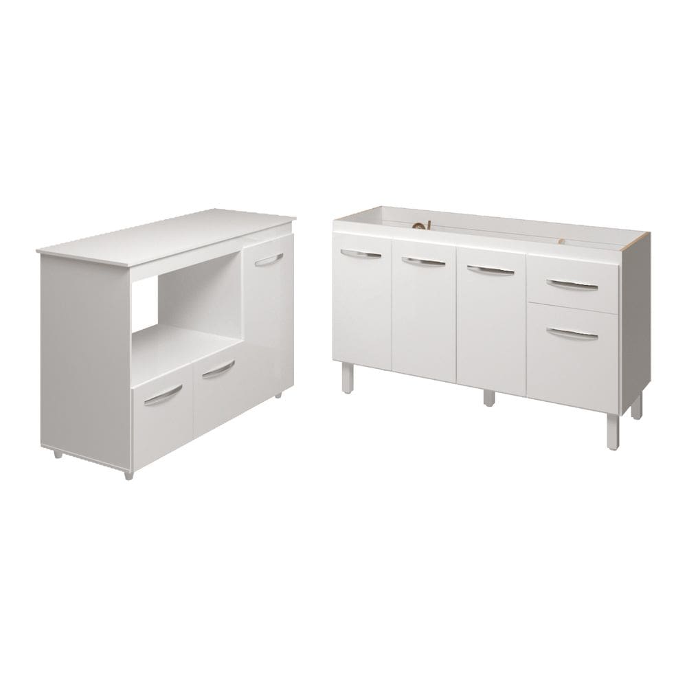 Balcão Armário Camila Cozinha Gabinete de Pia 140 cm e Balcão para Forno Elétrico e Microondas Lilian Branco