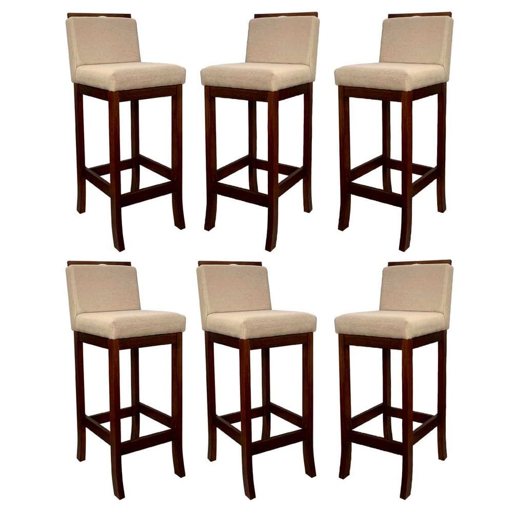 Kit 6 Banquetas Média para Cozinha Americana Turim Madeira Castanho Linho Bege CCS