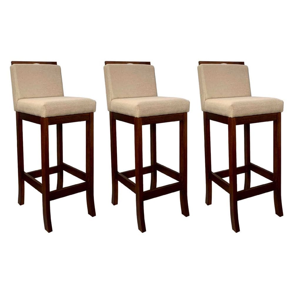 Kit 3 Banquetas Alta para Balcão Turim Madeira Castanho Linho Bege CCS