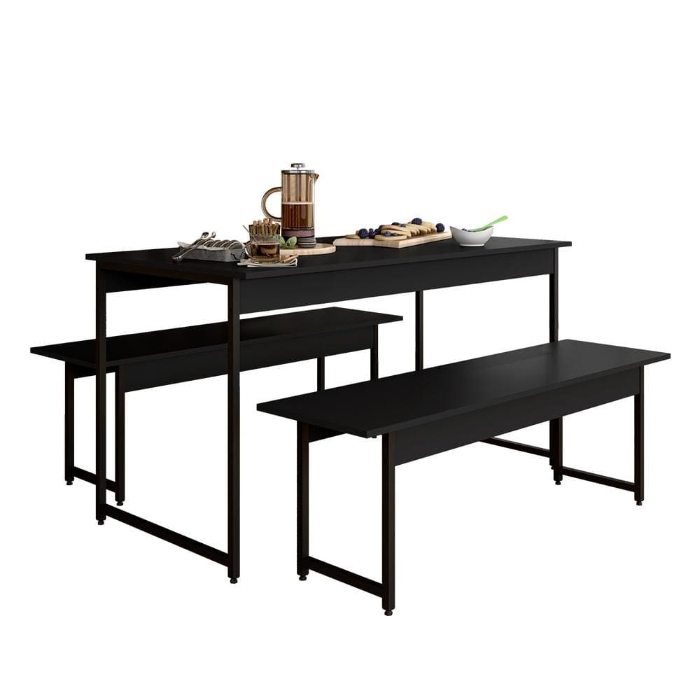 Conjunto Mesa Com 2 Bancos Estilo Industrial Lugano Preto Fosco - M.a