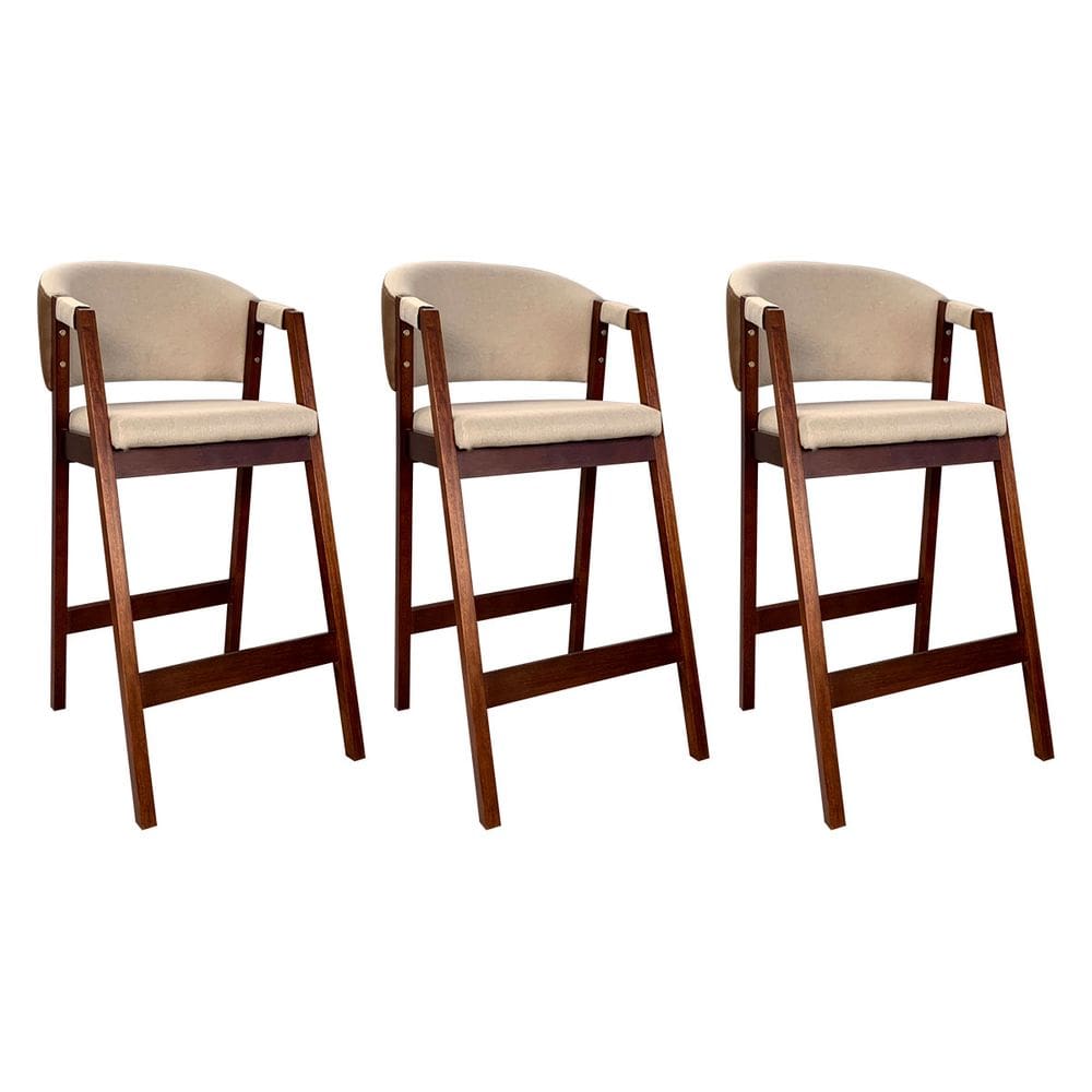 Kit 3 Banquetas Alta para Bancada de Cozinha Ravena Madeira Maciça Castanho Linho Marrom Bege CCS