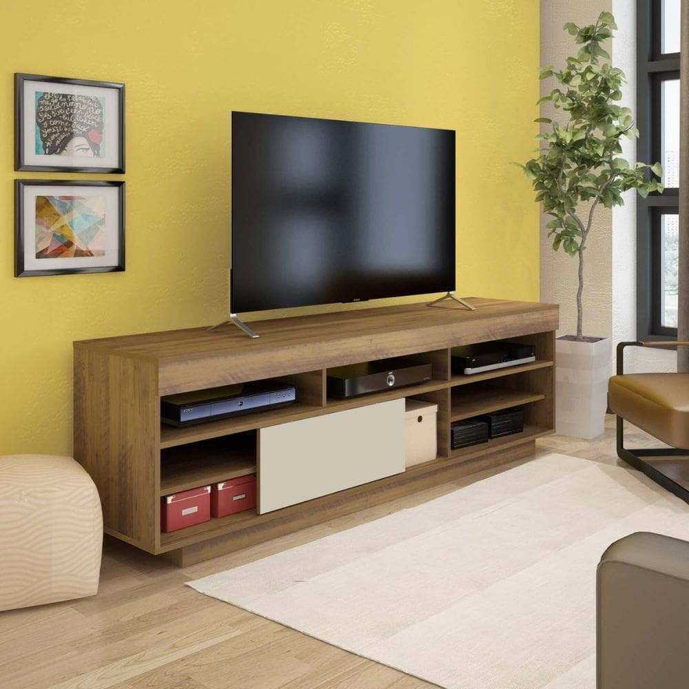 Rack Treviso Para Sala Tv 75\" Com 6 Nichos Prateleira e Porta