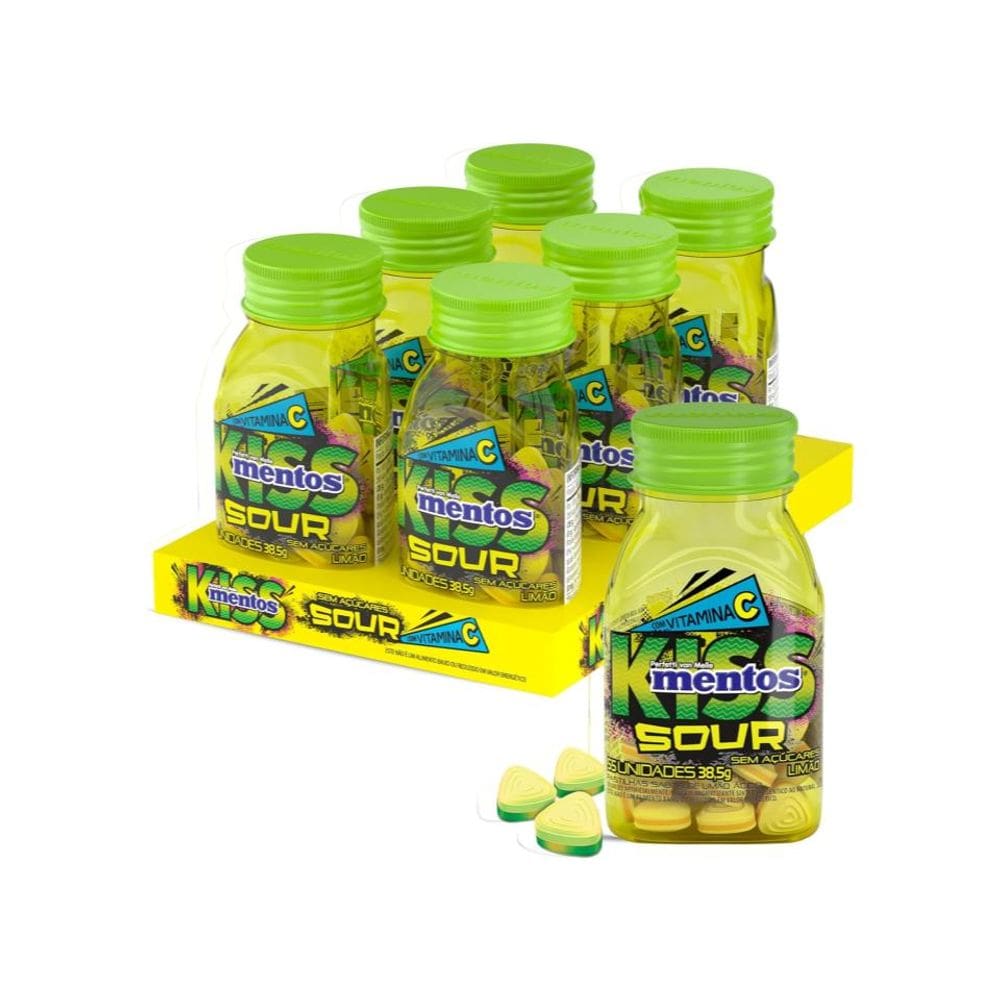 Pastilha Mentos Kiss Sour Limão Sem Açúcar Garrafa C/ 6 Unid