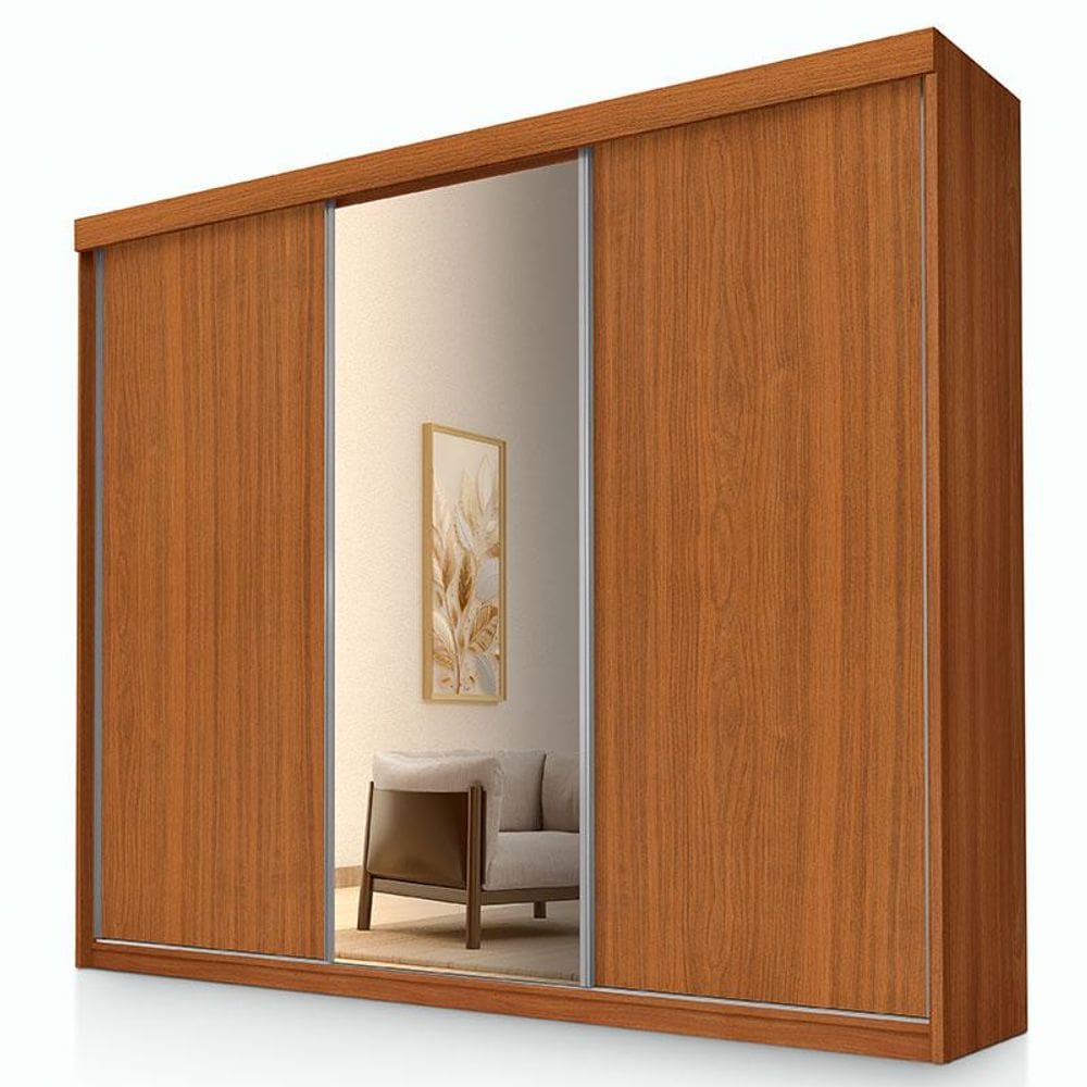 Guarda Roupa Casal Florença 3 Portas de Correr com Espelho Carvalho New - Luapa