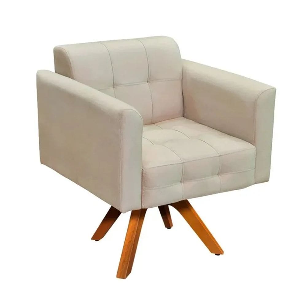 Poltrona Gran Elisa Giratória Suede Bege Pé Madeira