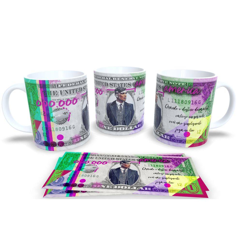 Caneca de Porcelana Branca Personalizada Coleção Dollar