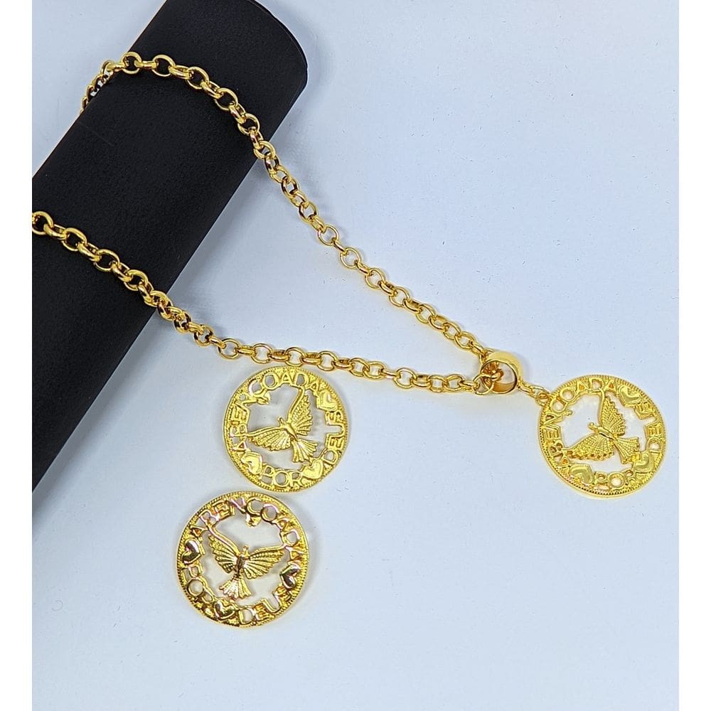 Kit Colar + Brincos Corrente Elos Português com Pingente Medalha Redonda Divino Espirito santo Abençoada por Deus