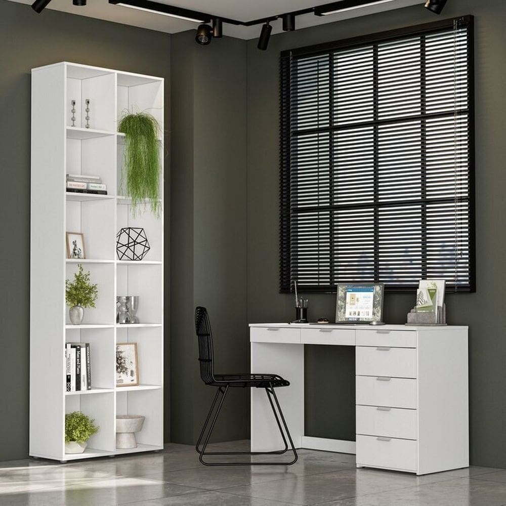 Kit 2 Peças Escrivaninha 120 Cm 7 Gavetas com Estante Multiuso 12 Nichos Caracol Branco