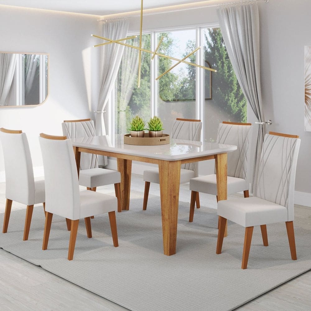 Mesa de Jantar Retangular Dakar 1,60x90 com Vidro e 6 Cadeiras Vegas em Madeira Maciça Mel/Off White/Marfim