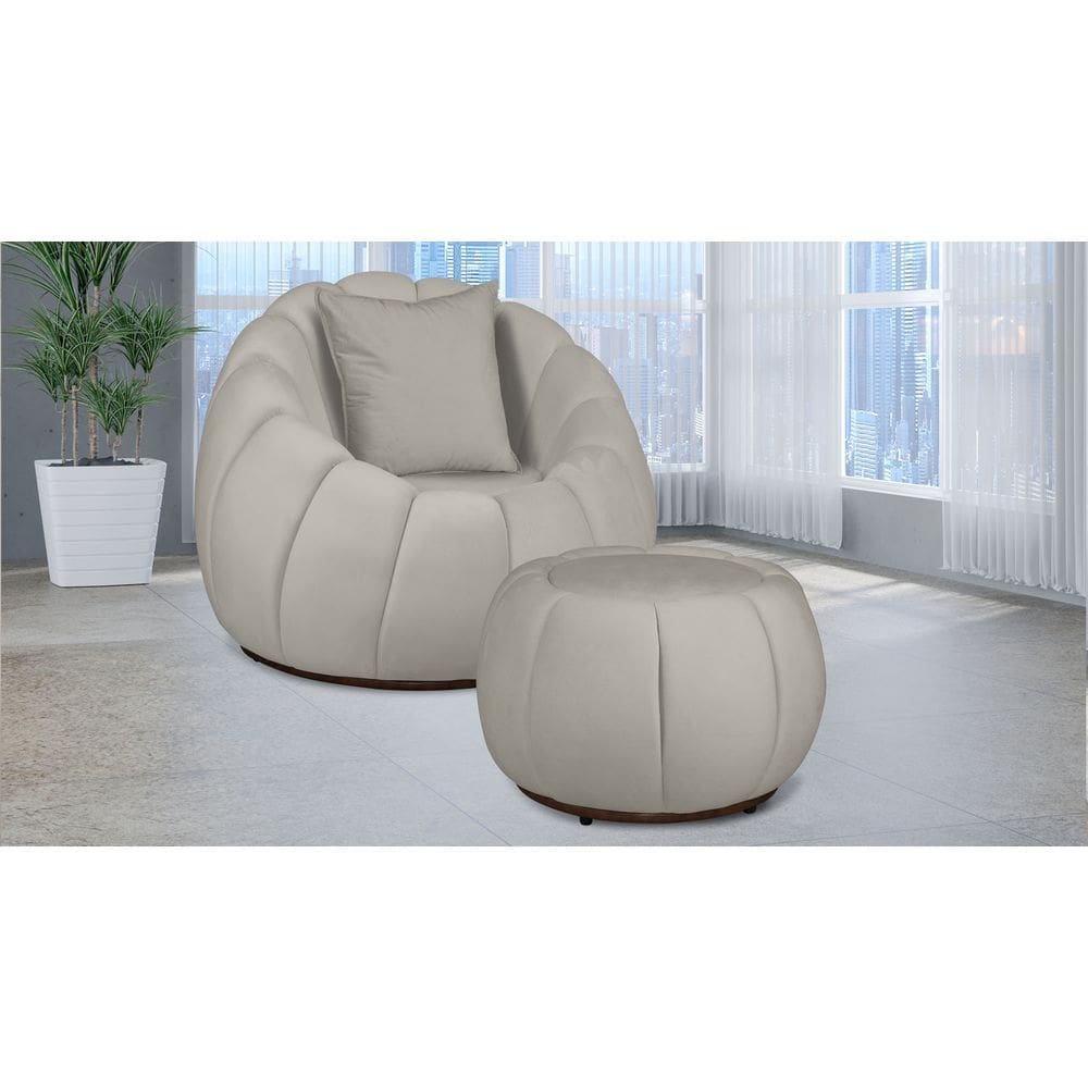 Kit Poltrona Decorativa C/ Puff + Almofada Concha Veludo Marfim - Londrilar