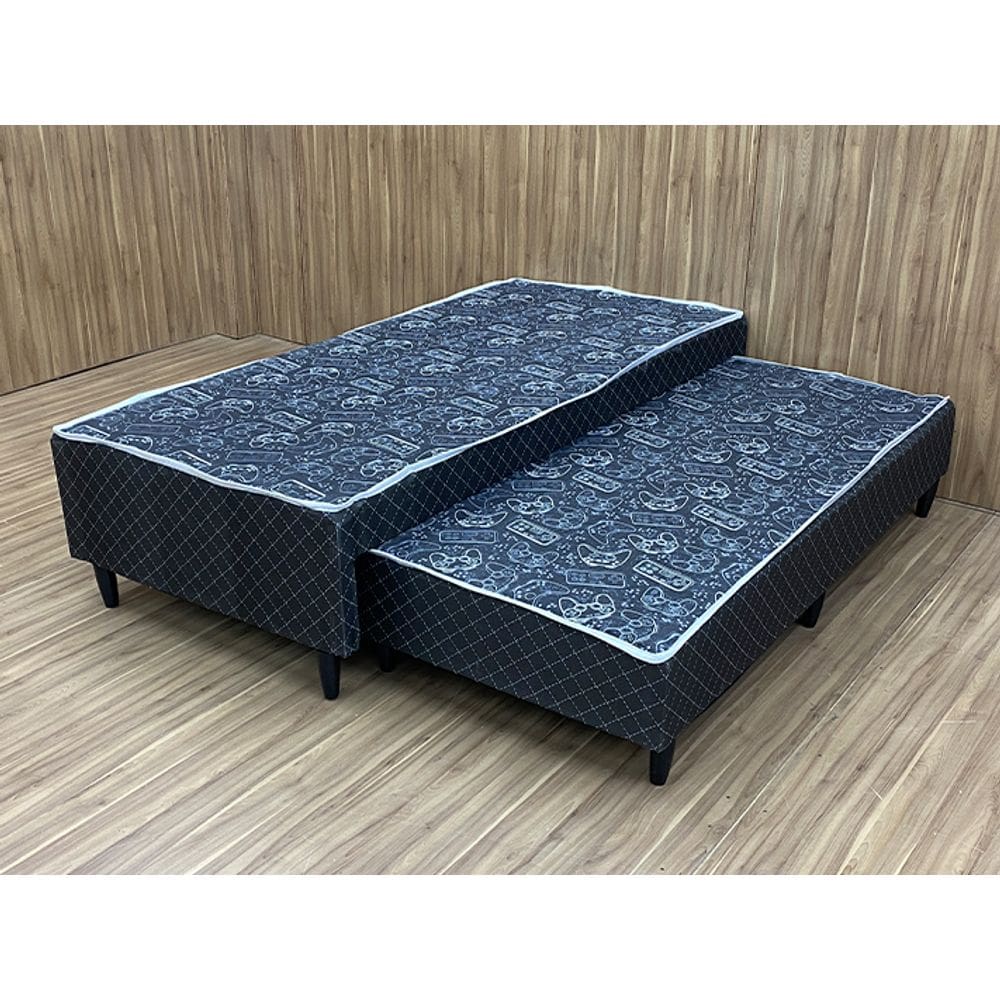 Box Solteiro com Cama Auxiliar Blindado Corino Linhão Preto AN