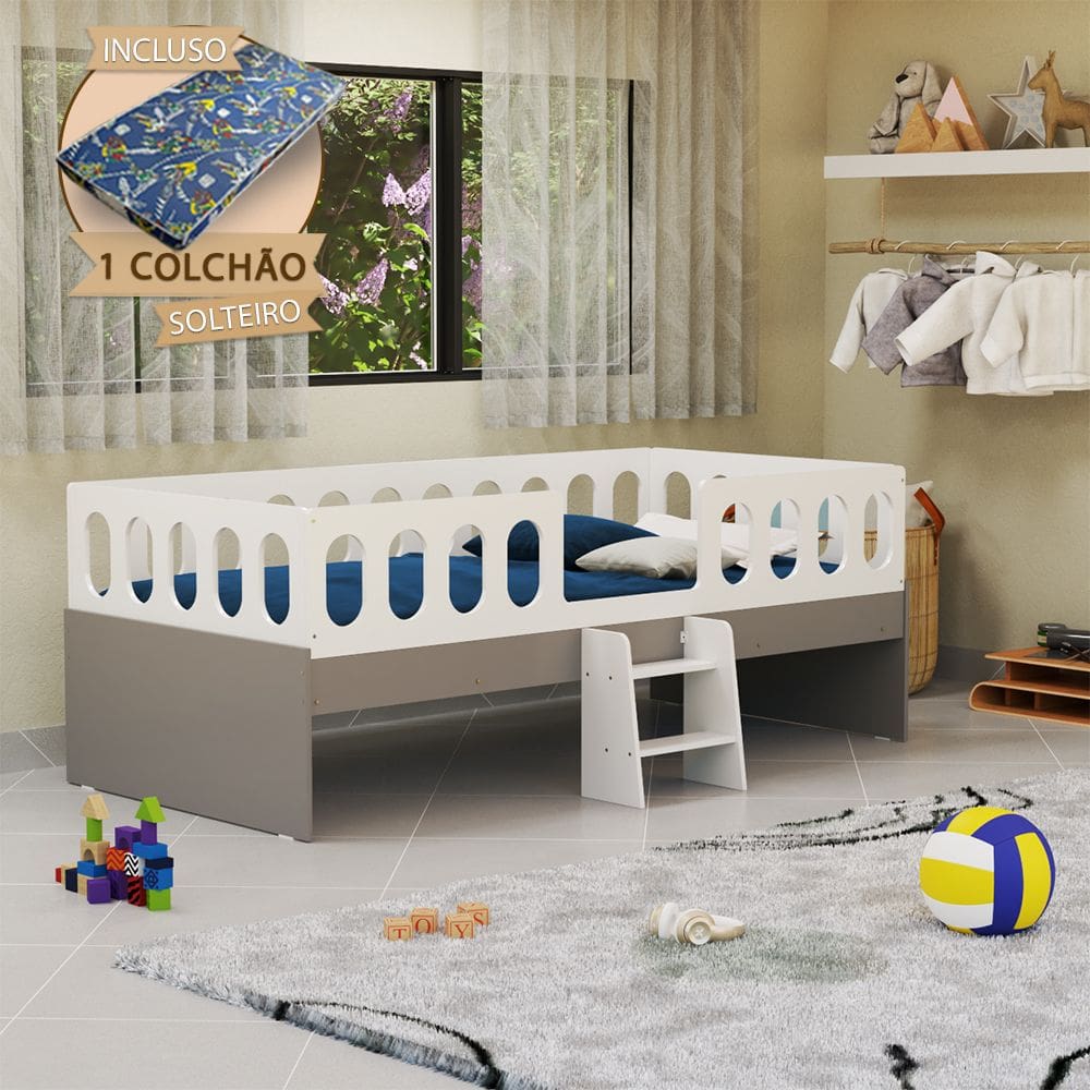 Cama Juvenil Lara Solteiro Com Escadinha E Colchão Branco E Cinza - Baby Mobília