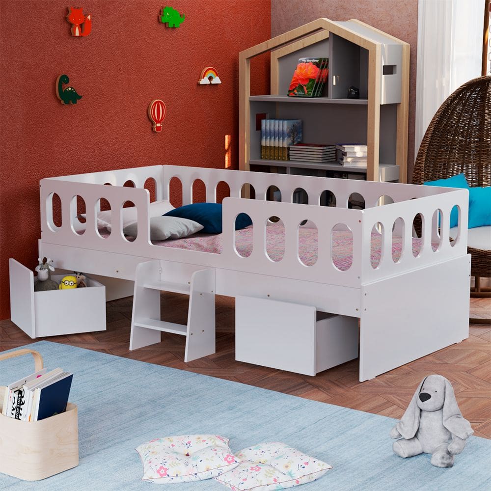Cama Infantil Lara Solteiro Com Nichos E Escadinha Branco - Baby Mobília