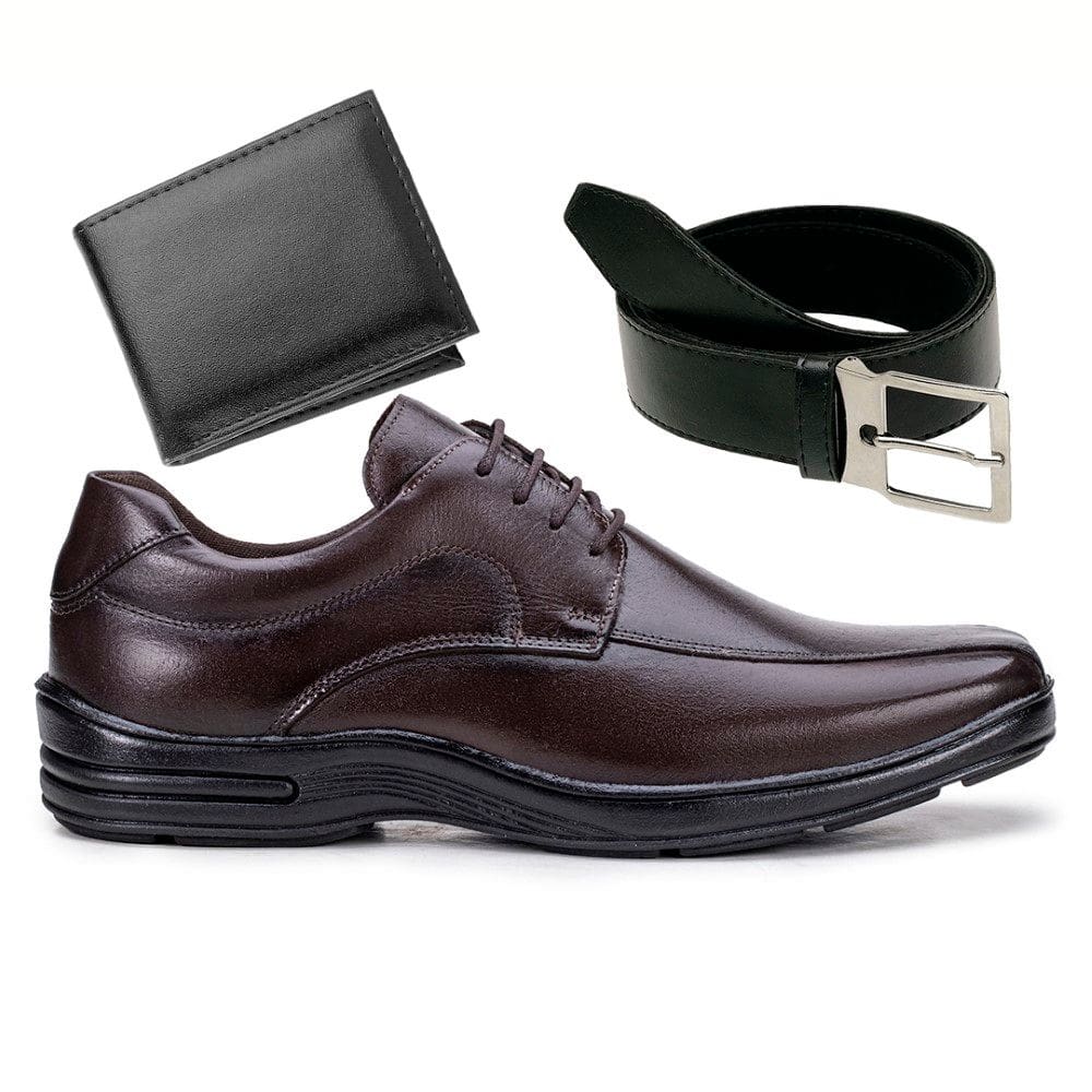 Kit Sapato Social Couro Masculino Sola Borracha Anatomico Antiderrapante Cinto Dupla Face Carteira