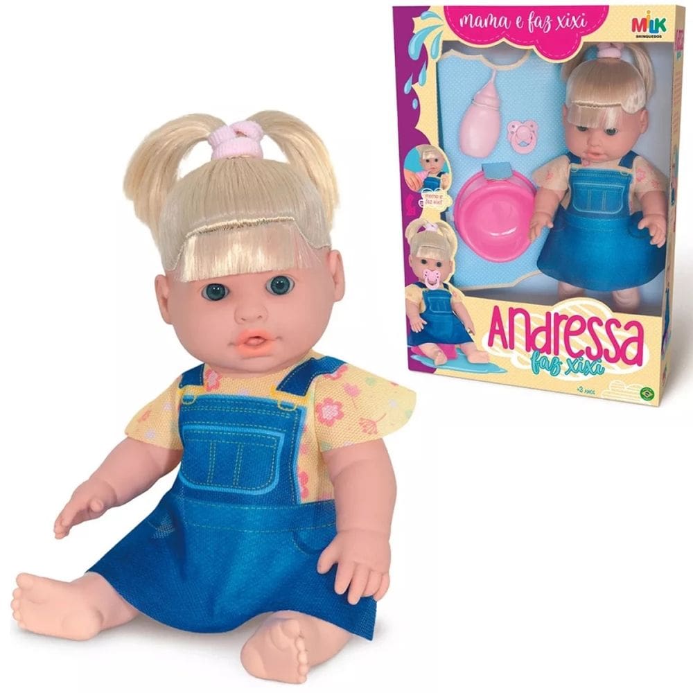 Boneca Bebê Andressa Infantil Faz Xixi 34cm Com Acessórios