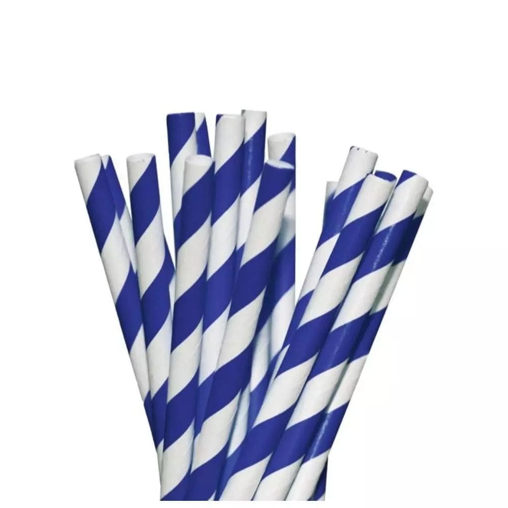 100 Unidades Canudo de Papel Descartável Biodegradável Listrado Azul- Para Drinks Topo De Bolo Bebidas Meio Ambiente 15cm