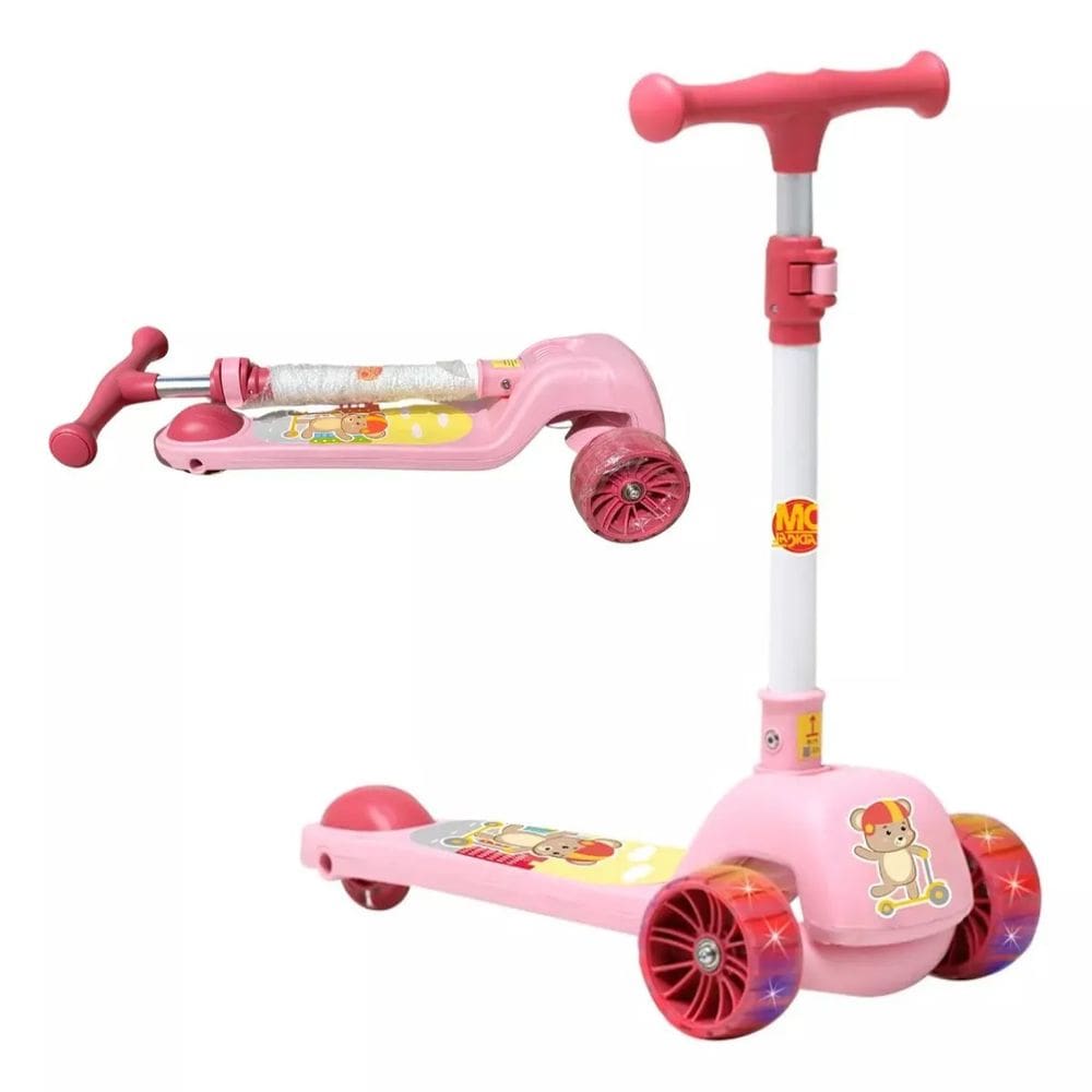 Patinete Urso Fofo Rosa Para Criança 50kg Ajustavel Dobravel