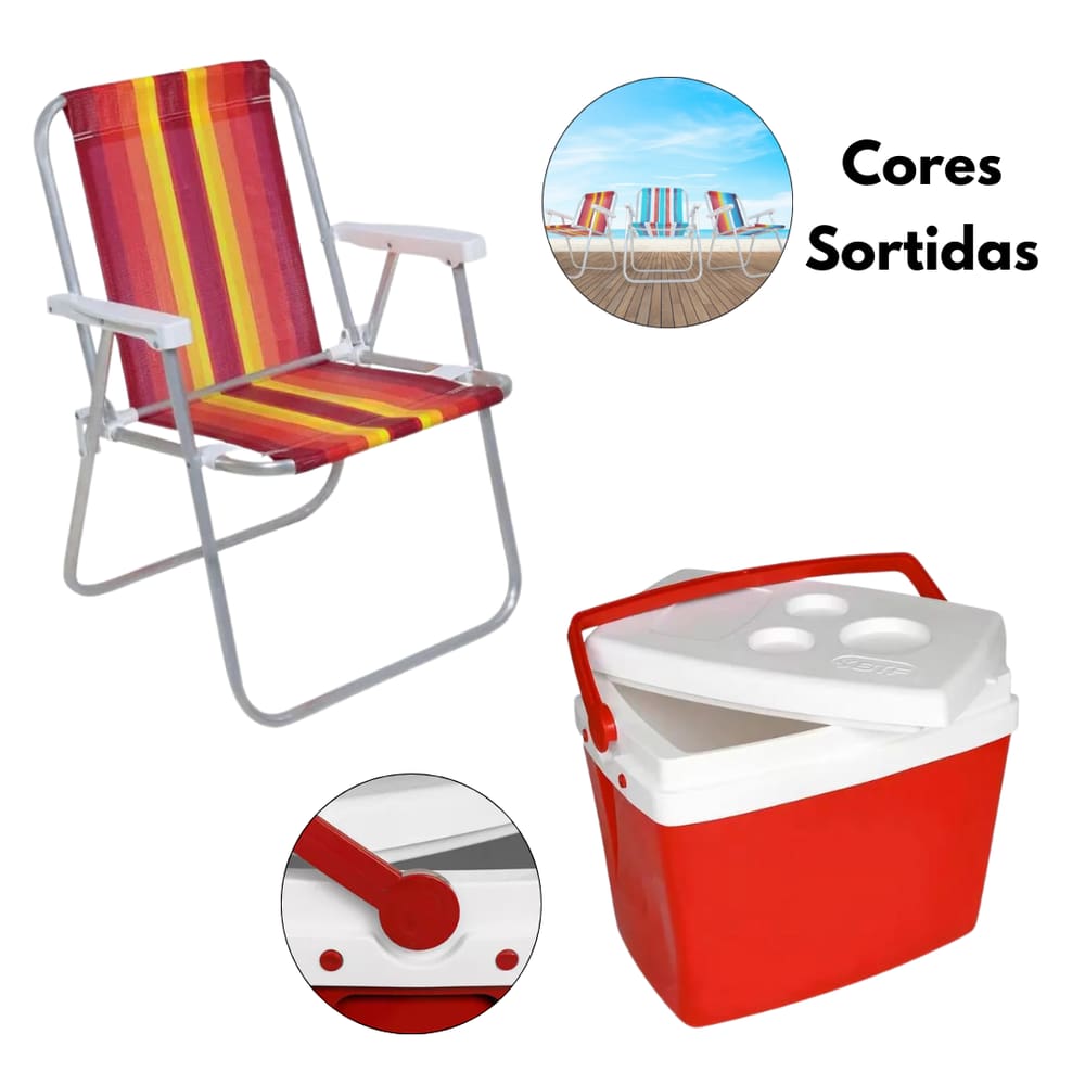 Kit Caixa Térmica 34 Litros Vermelha Botafogo + Cadeira de Praia Alta em Alumínio Cores Mistas Bel Lazer