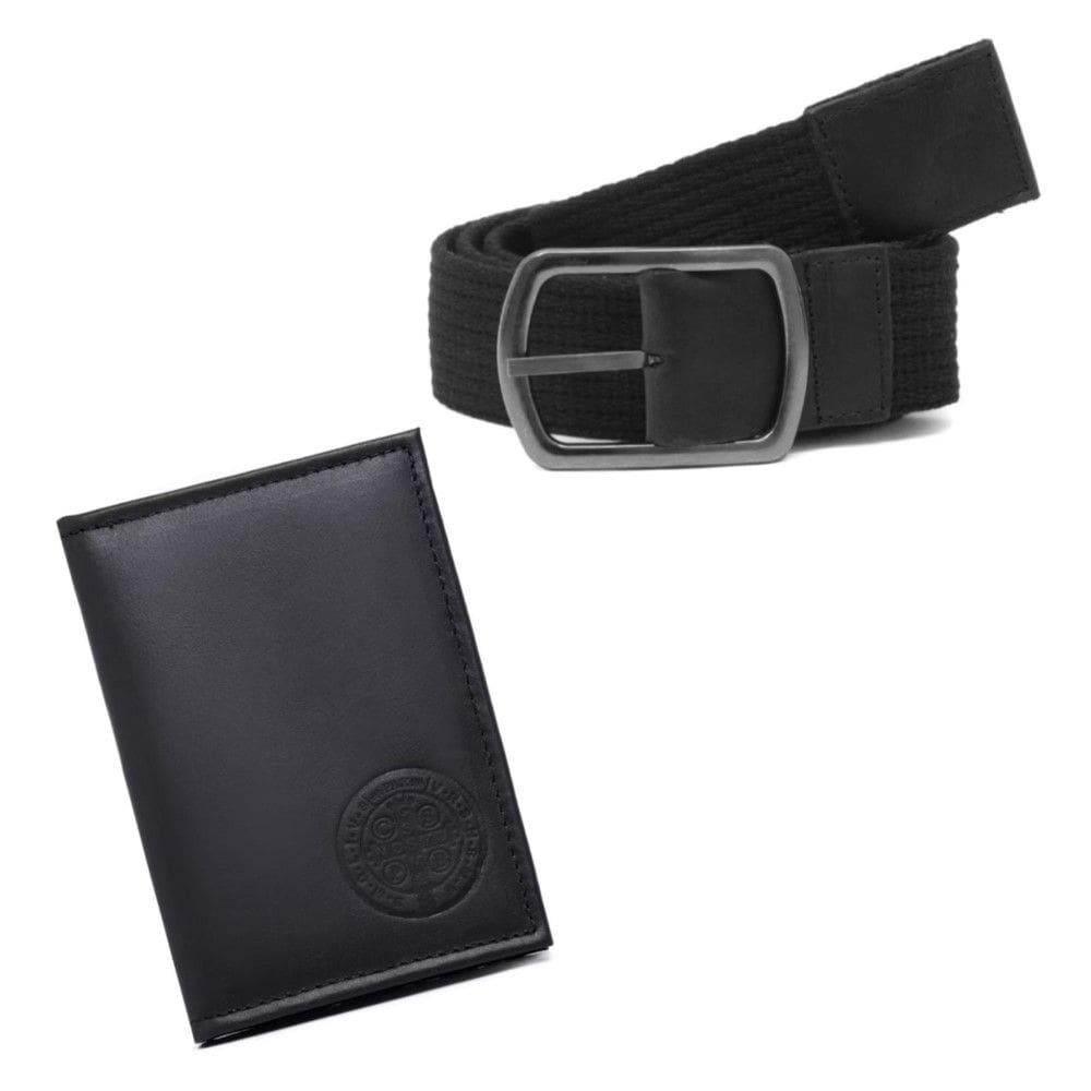Kit Porta Documentos CNH RG Couro Divisorias Estampa Medalha São Bento e Cinto Gorgurão Reforçado