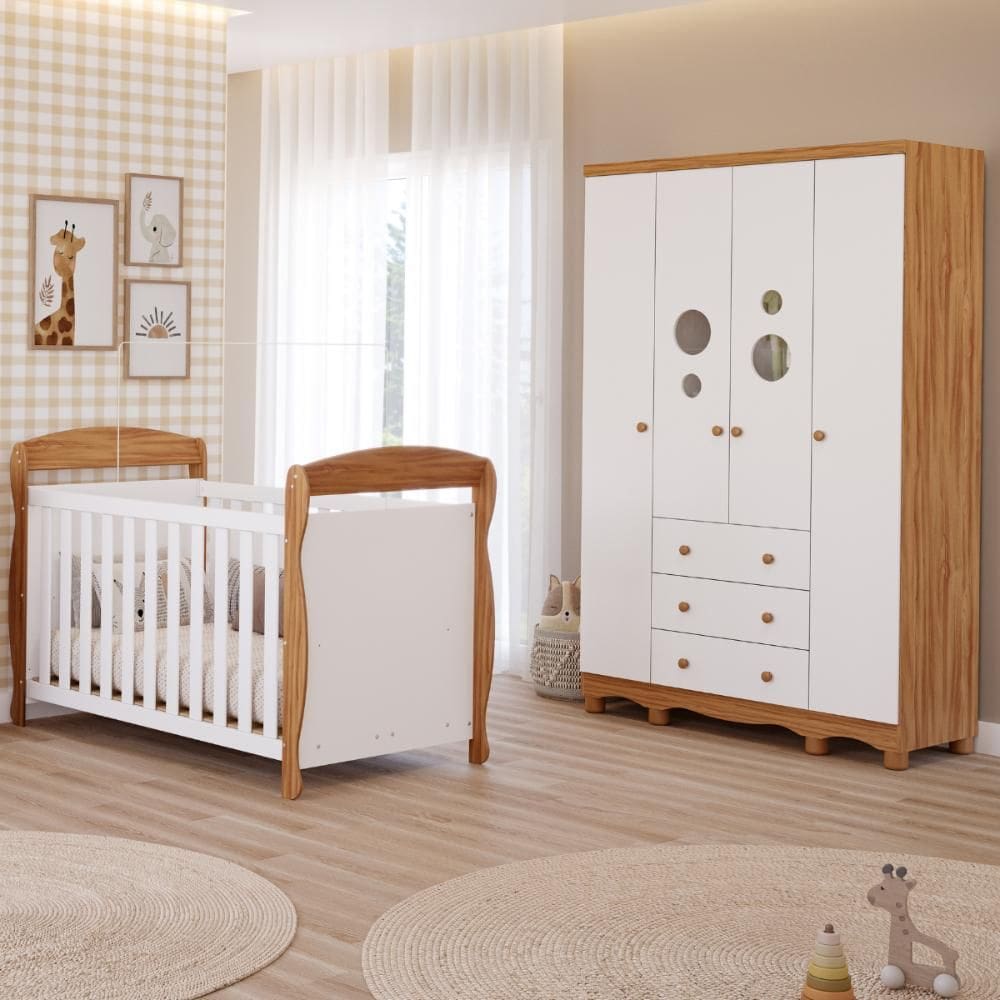 Quarto Bebê Completo Berço Americano Marquesa 3em1 Guarda Roupas 4 Portas 3 Gavetas Bolinha 100% MDF