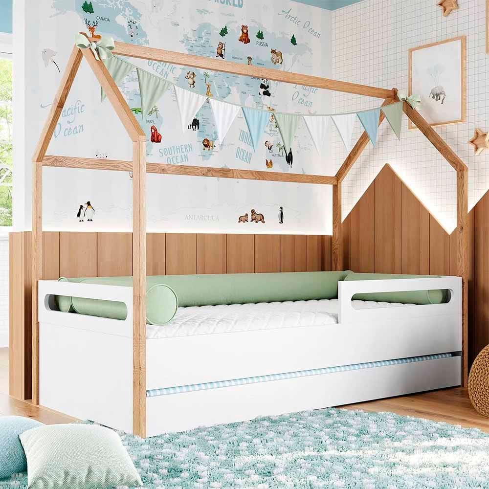 Cama Montessoriana Tivoli com Casinha e Grades de proteção com Cama Auxiliar - Branco