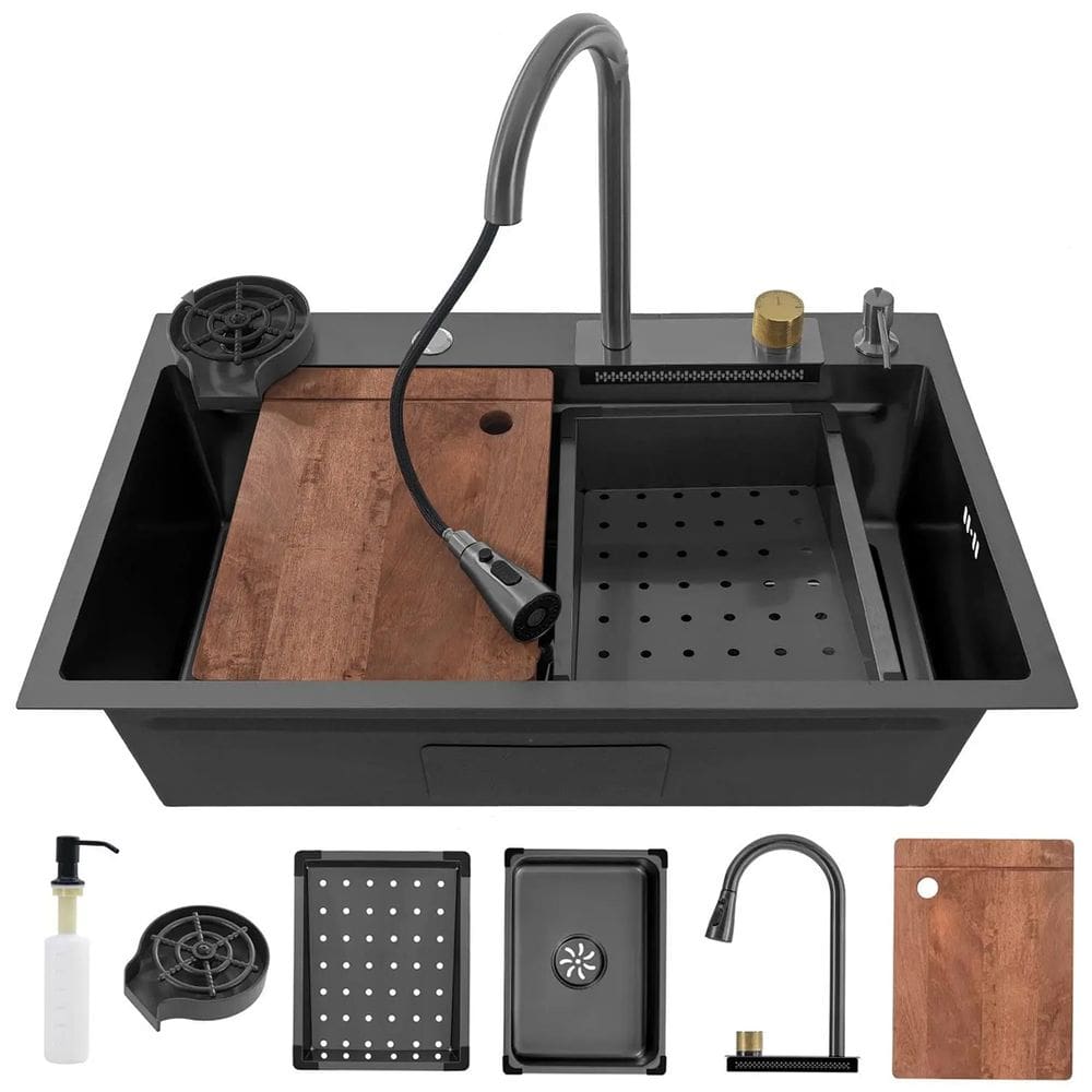 Cuba Goumert Pia Cozinha Cascata Torneira Luxo Bancada Premium Completo Aço Inox Lavador Copo