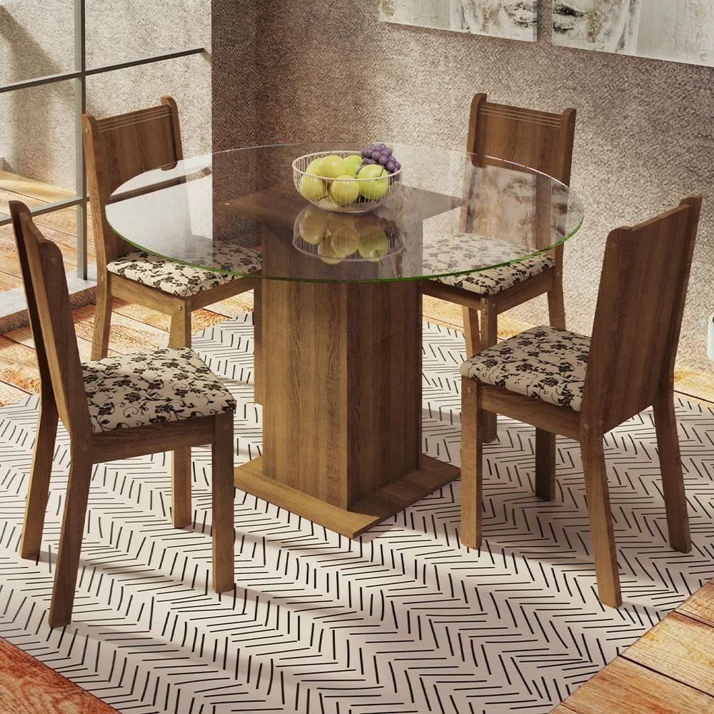 Conj. Mesa Tampo De Vidro 4 Cadeiras Rustic/bege Marrom