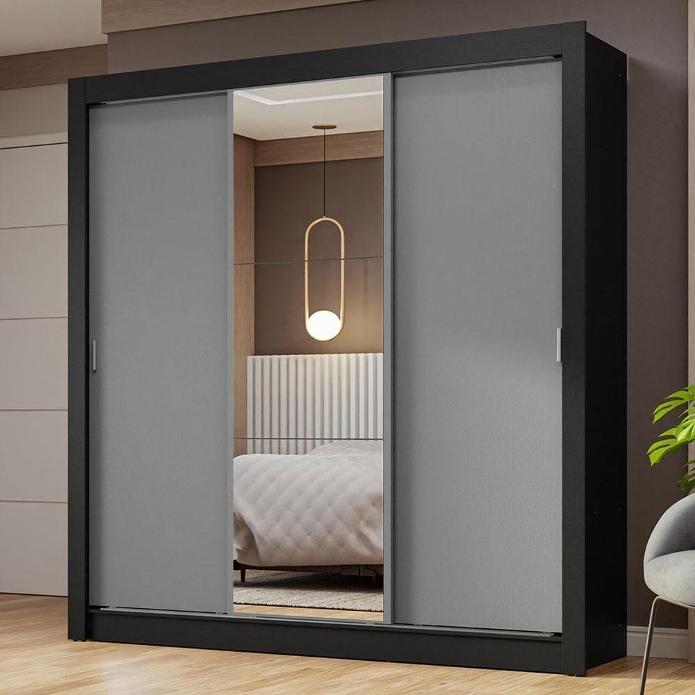 Guarda-roupa Casal 3 Portas Correr Espelho Preto/cinza
