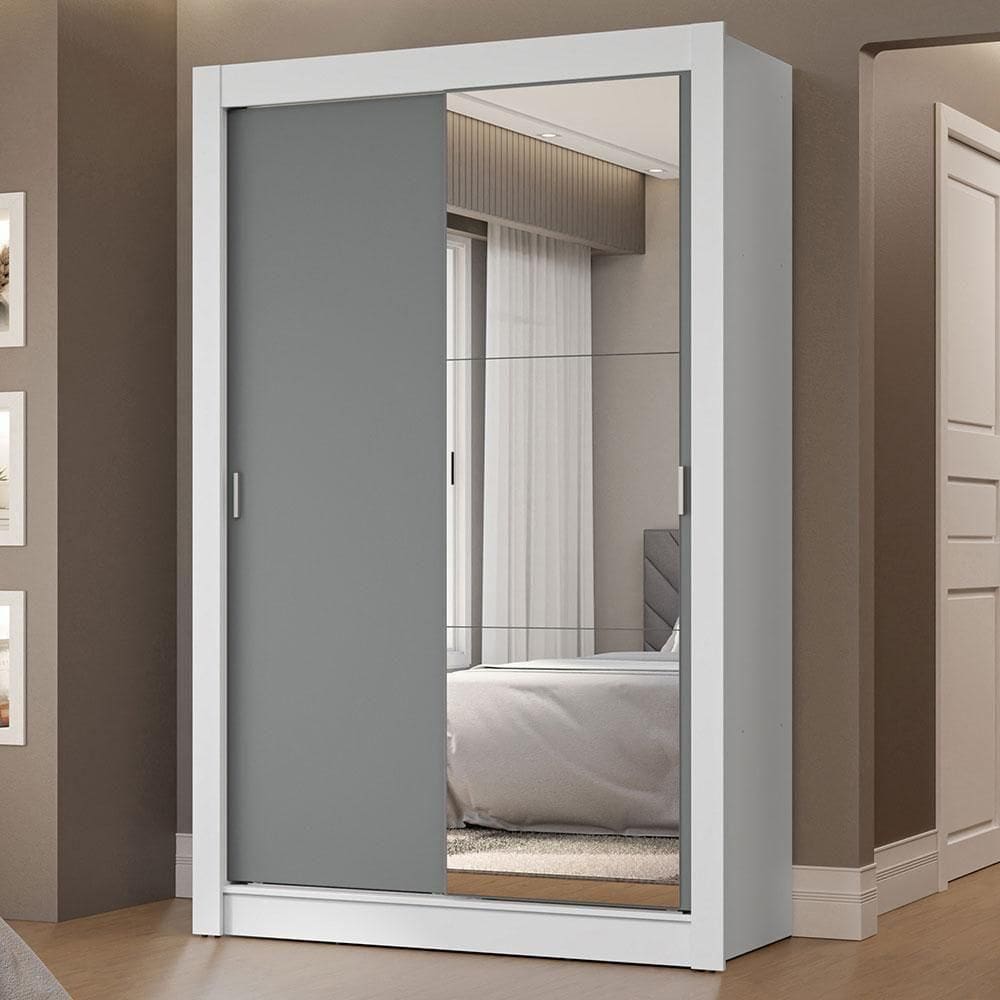 Guarda-roupa Solteiro 2 Portas Correr 2 Gavetas Branco/Cinza