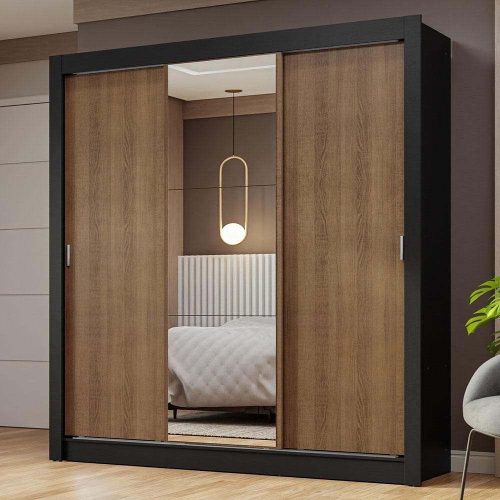 Guarda-roupa Casal 3 Portas Correr Espelho Preto/rustic