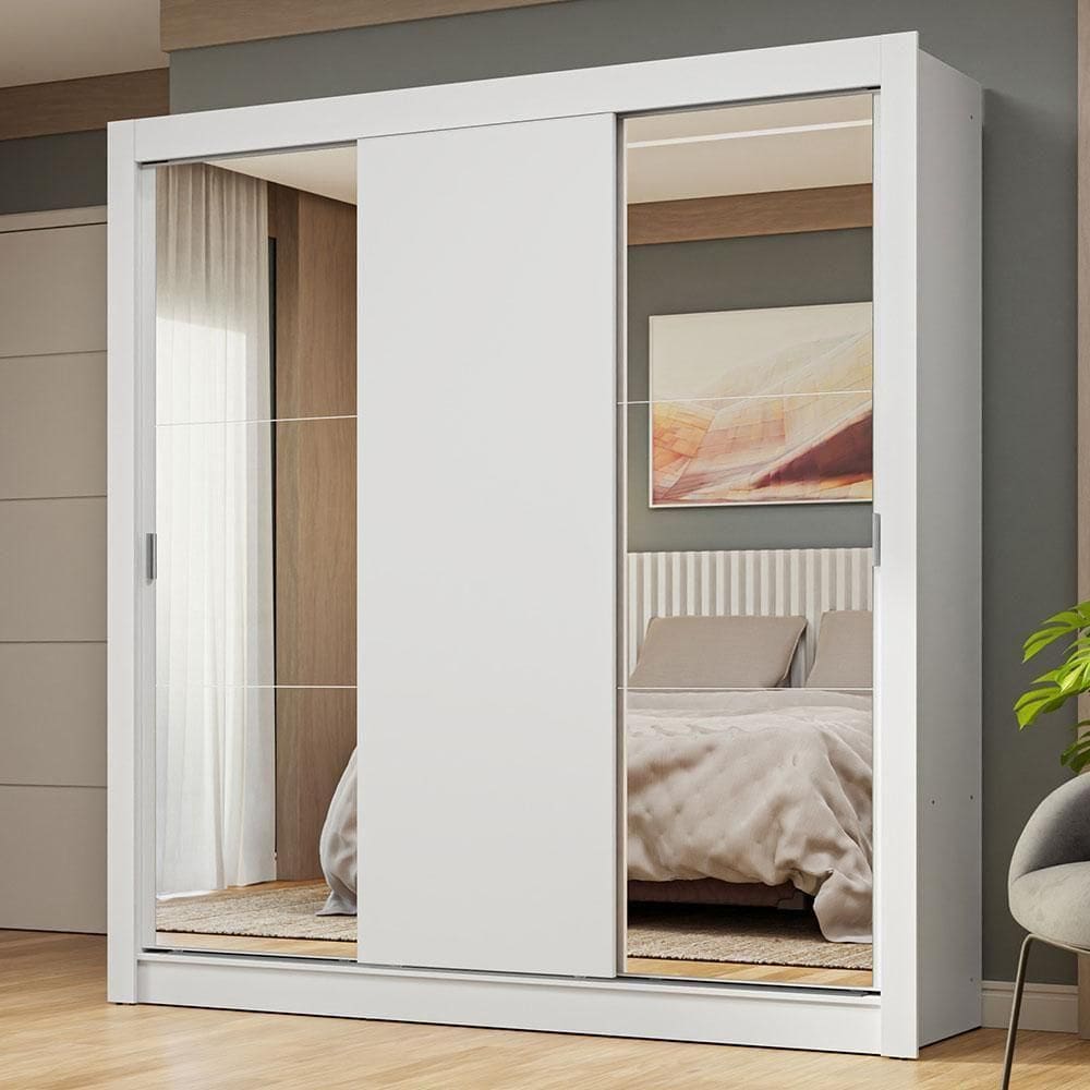 Guarda-roupa Casal 3 Portas Correr Espelhos Branco Nobre