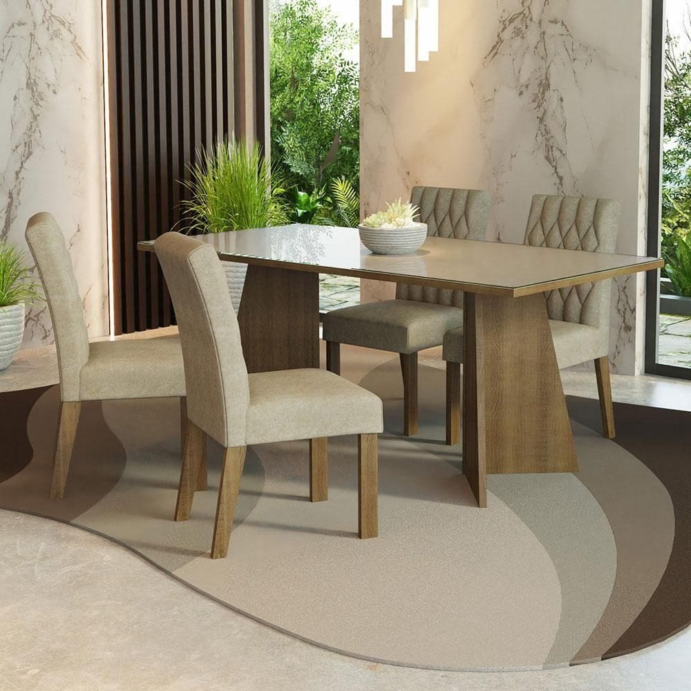 Conjunto Sala Jantar Mesa Vidro 4 Cadeiras Rustic